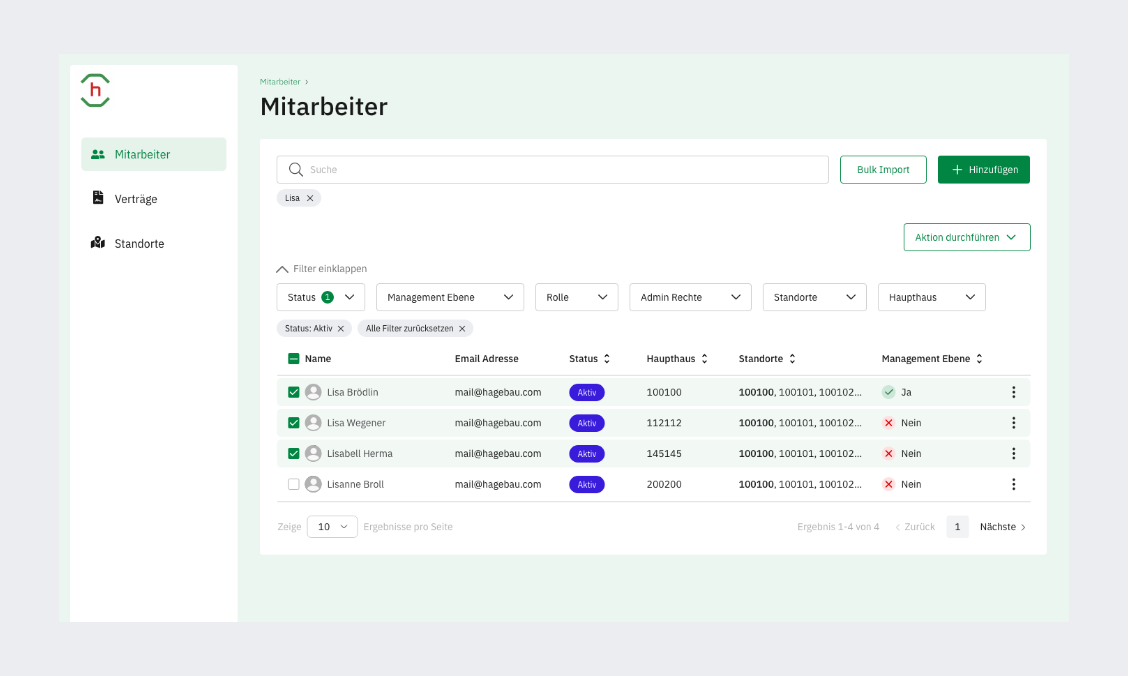 Screenshot der Hagebau Administrationsplattform (Mitarbeiterverwaltung)