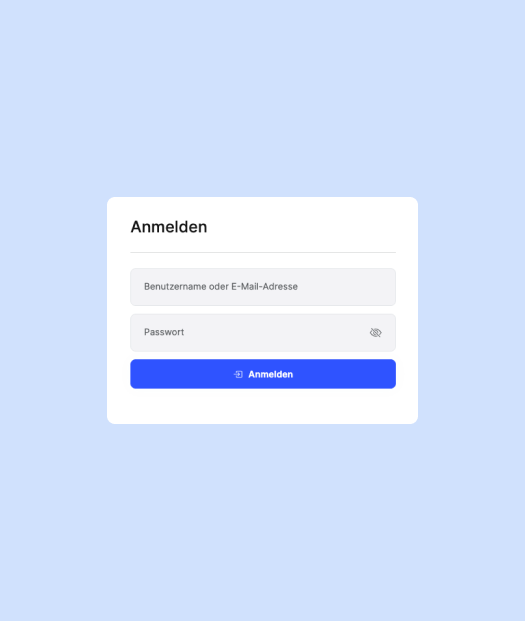 Ein schlichtes weißes Anmeldeformular auf hellblauem Hintergrund enthält Felder für Benutzernamen oder E-Mail-Adresse und Passwort sowie ein Augensymbol zur Steuerung der Passwortsichtbarkeit. Ein blauer Anmelden-Button vervollständigt das von unserer innovativen KI Agentur gestaltete Formular.