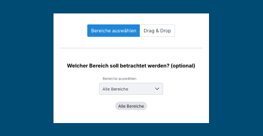 Eine Weboberfläche mit einer blauen Schaltfläche mit der Aufschrift „Bereiche auswählen“ und einer Drag & Drop-Option, alles bereitgestellt von der KI Agentur. Unten finden Sie ein Dropdown-Menü mit dem Titel Welcher Bereich soll betrachtet werden? (Welcher Bereich soll angezeigt werden?), eingestellt auf Alle Bereiche.