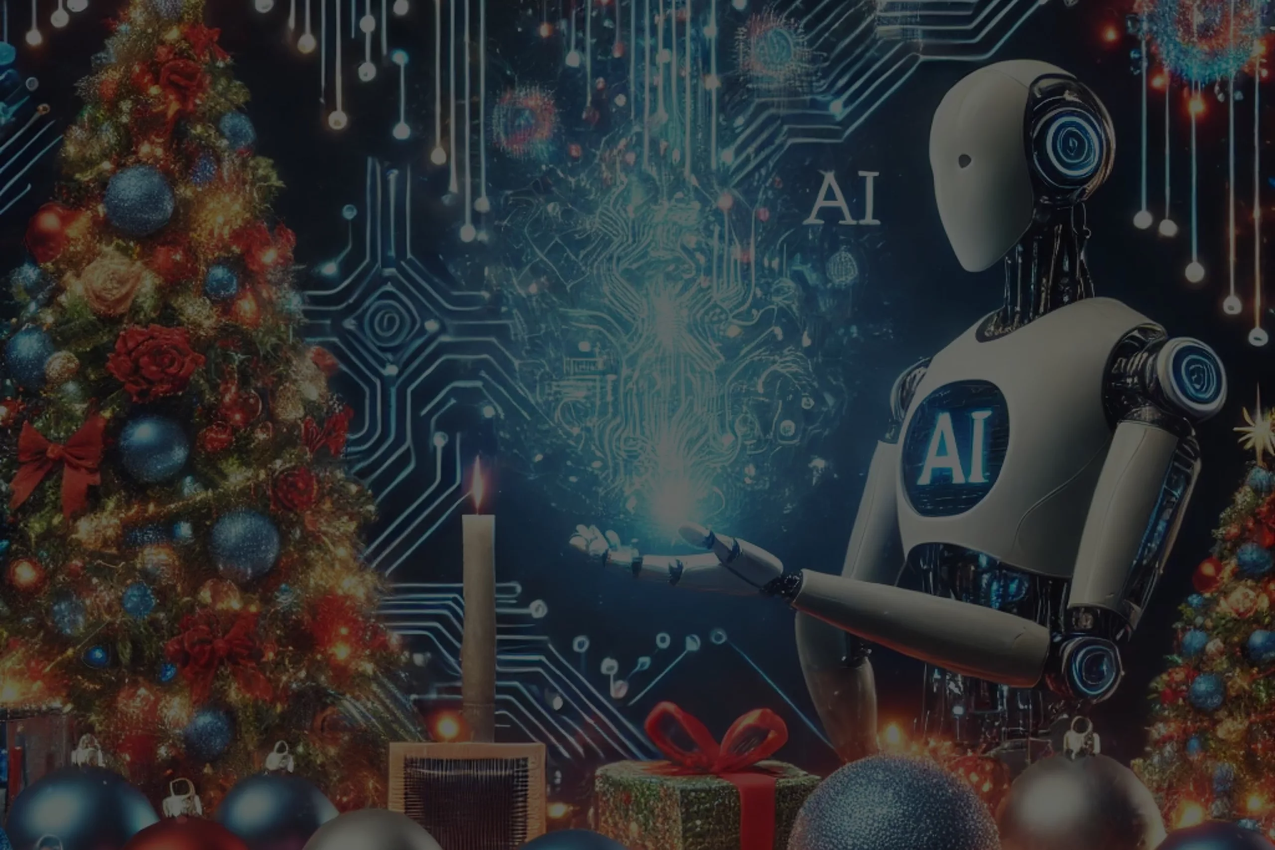 Ein humanoider Roboter mit der Aufschrift „KI“, der die KI Agentur repräsentiert, interagiert mit einer digitalen Kugel inmitten einer futuristischen Umgebung. Daneben stehen ein geschmückter Weihnachtsbaum und verpackte Geschenke. Der Hintergrund zeigt Schaltkreismuster und leuchtende Elemente und verbindet Technologie mit Weihnachtsmotiven.