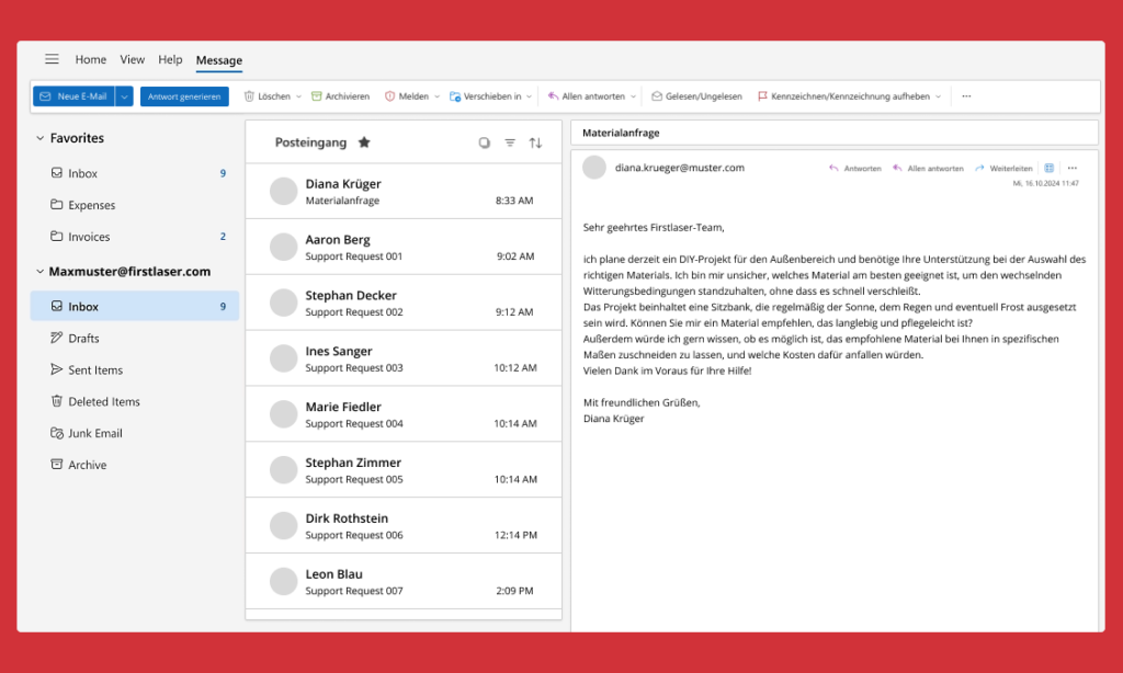 Die Oberfläche des E-Mail-Clients zeigt links eine Liste von Nachrichten und rechts eine ausgewählte E-Mail von Diana Krüger mit dem Betreff „Materialanfrage“. Die E-Mail ist auf einem roten Hintergrund abgesetzt, der den kühnen Stil des innovativen Designs der KI Agentur widerspiegelt.